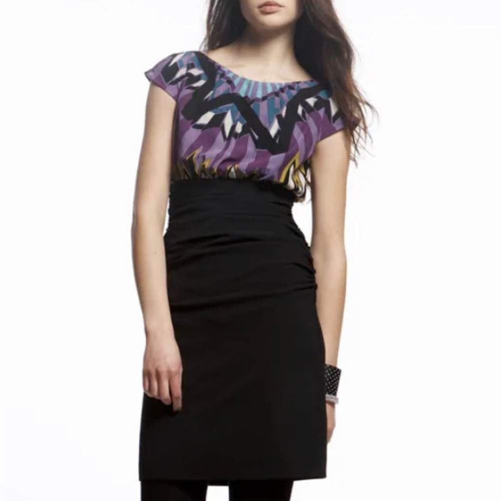 Nicole Miller Black Pencil Skirt with Multicolor Purple Printed Top size 2